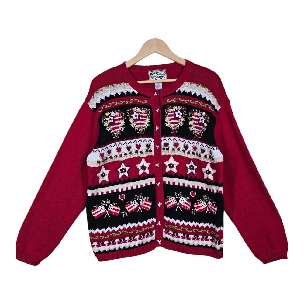 Vintage Y2K Heirloom Collectibles Americana Cardigan Sweater XL Red Patriotic
